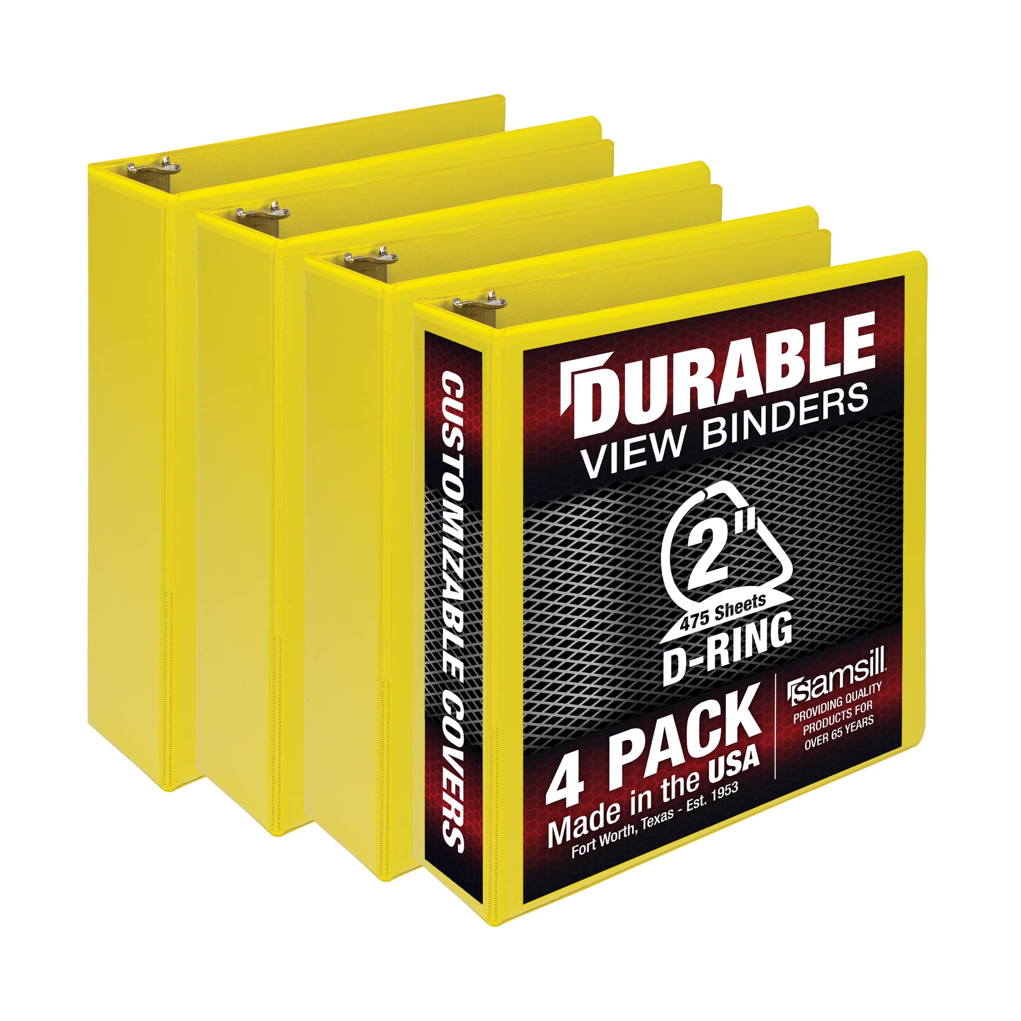 Samsill Durable 2 Inch Binder, Made In The Usa, D Ring Binder, Customizable Clear View Binder, Yellow, 4 Pack, Each Holds 475 Pa