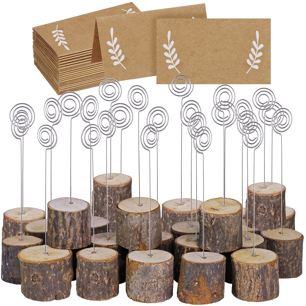 30 Pcs Rustic Wood Place Card Holders with Swirl Wire Wooden Bark Memo Holder Stand Card Photo Picture Note Clip Holders 5.8'' a