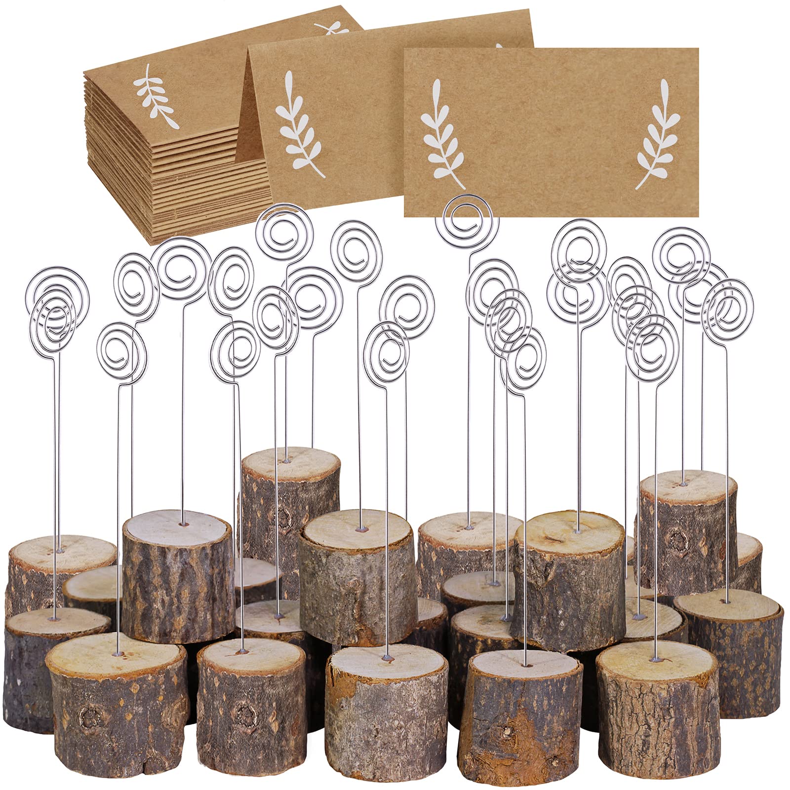 30 Pcs Rustic Wood Place Card Holders with Swirl Wire Wooden Bark Memo Holder Stand Card Photo Picture Note Clip Holders 5.8'' a