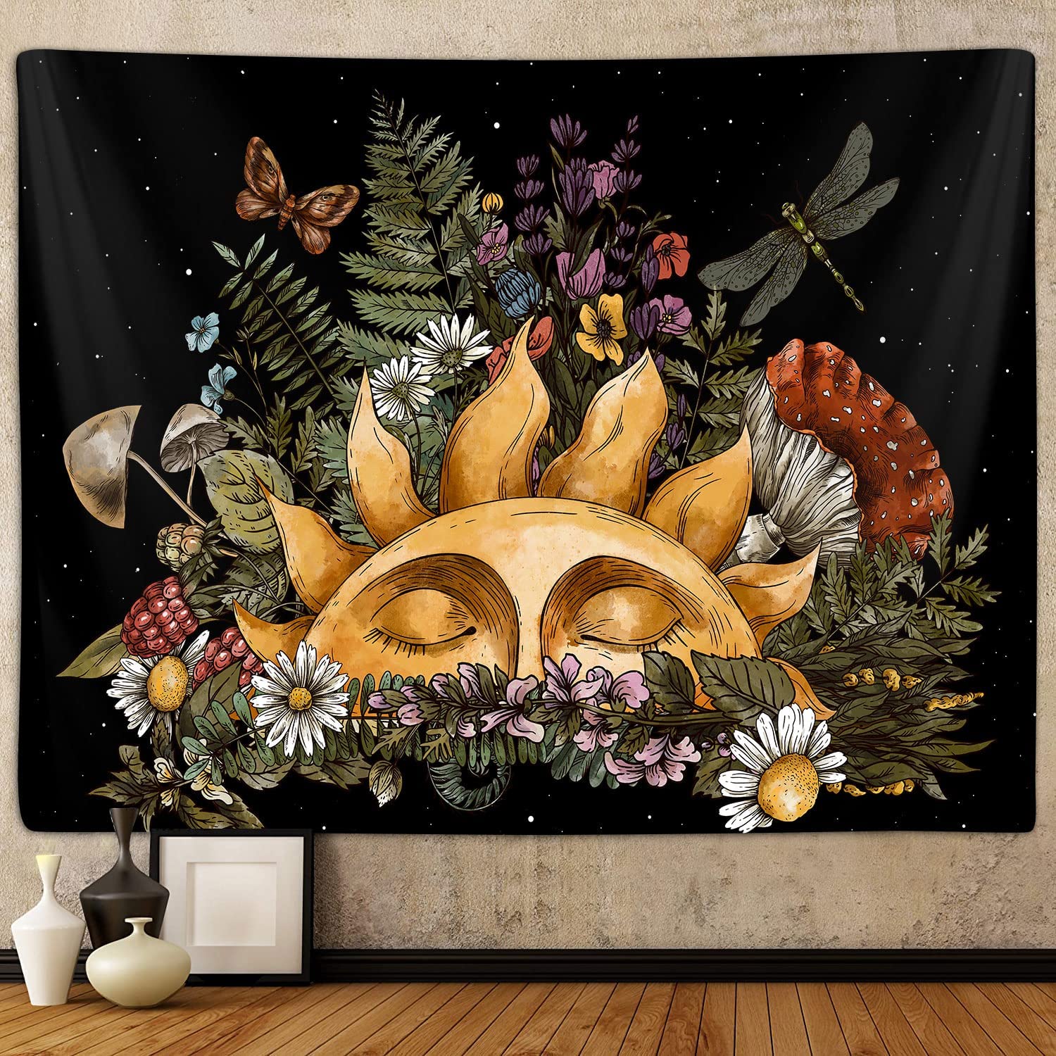 Boho Sun Extra Large Tapestry For Bedroom Aesthetic, Vintage Mushroom Botanical Plant Art Tapestries Wall Hanging For College Do