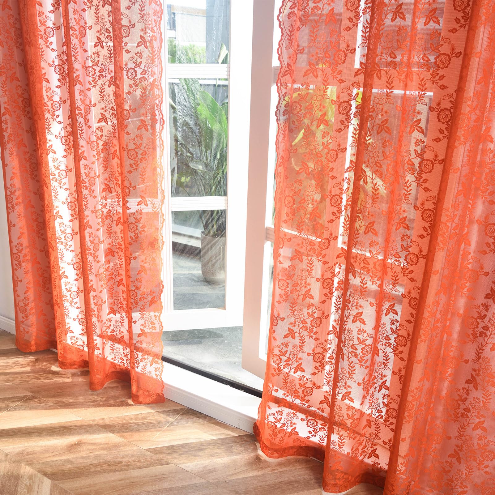 Finecity Burnt Orange Sheer Curtains 84 Inches Long 2 Panels Set, Country Rustic Leaf Floral Rust Fall Sheer Curtains For Living