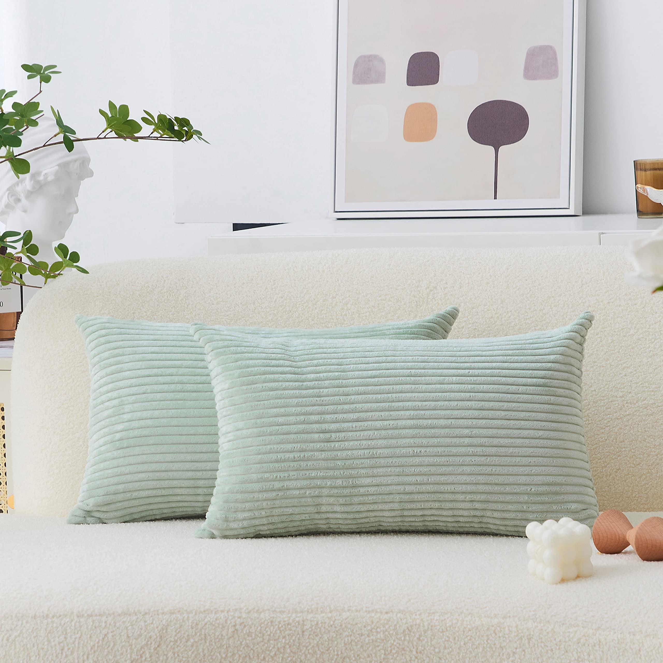 Home Brilliant Sage Lumbar Pillow Cover 12X20 Corduroy Plush Velvet Oblong Decorative Throw Pillow Covers For Rectangle Pillowca