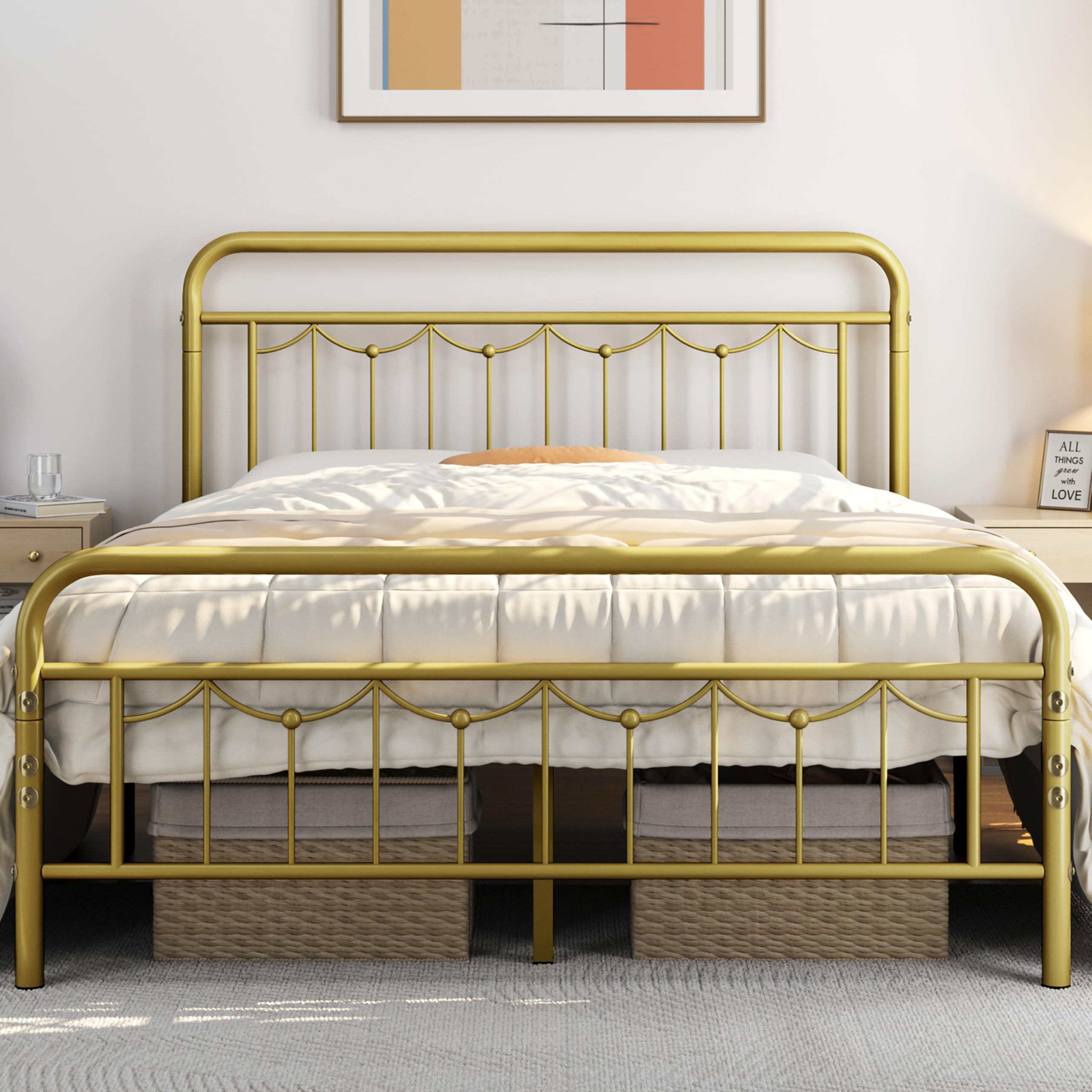 Yaheetech Queen Size Metal Bed Frames With Vintage Headboard And Footboard, Farmhouse Metal Platform Bed, Heavy Duty Steel Slat Support, Ample Under-Bed Storage, No Box Spring Needed, Antique Gold