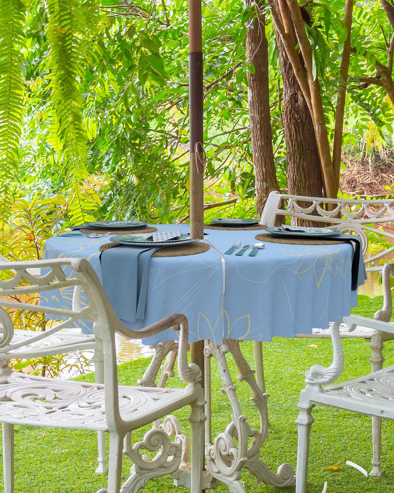 Queenker Outdoor Tablecloth With Umbrella Hole, Minimalist Lines Leaves Flowers Blue Round Tables Waterproof Tabletop Collection
