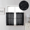 Lecloud Leia Black Valances Sheer Cafe Curtains 24 Inch Length 2 Pieces, Jacquard Textured Leaf Voile Kitchen Curtain Tiers With