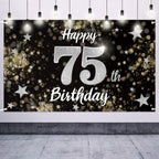 Nelbiirth Happy 75th Birthday Decorations,75th Black & Silver Dream Star Large Birthday Banner Backdrop Sign - Cheers to 75 Year