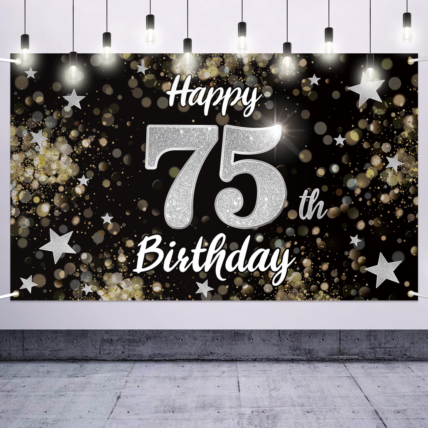 Nelbiirth Happy 75th Birthday Decorations,75th Black & Silver Dream Star Large Birthday Banner Backdrop Sign - Cheers to 75 Year