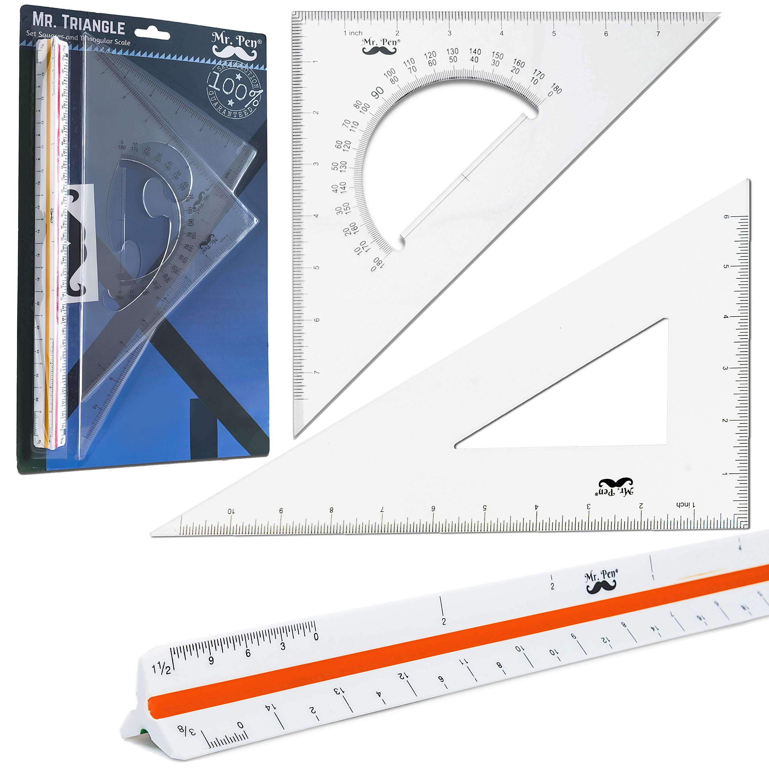 Mr. Pen Architectural Triangular Ruler Set With 12 Inch Triangular Scale, 11 Inch 30/60 And 8 Inch 45/90 Triangles