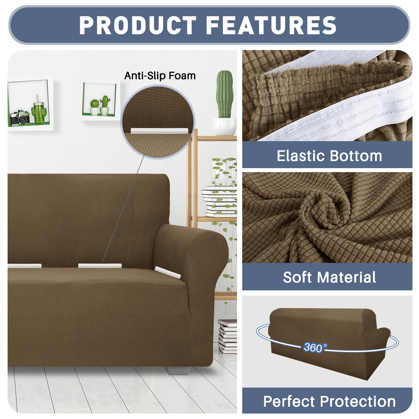 Jiviner High Stretch 1-Piece Jacquard Small Checks Couch Covers For 2 Cushion Couch Anti Slip Love Seat Sofa Covers Loveseat Slipcovers Protector For Kids Pets (Loveseat, Brown)