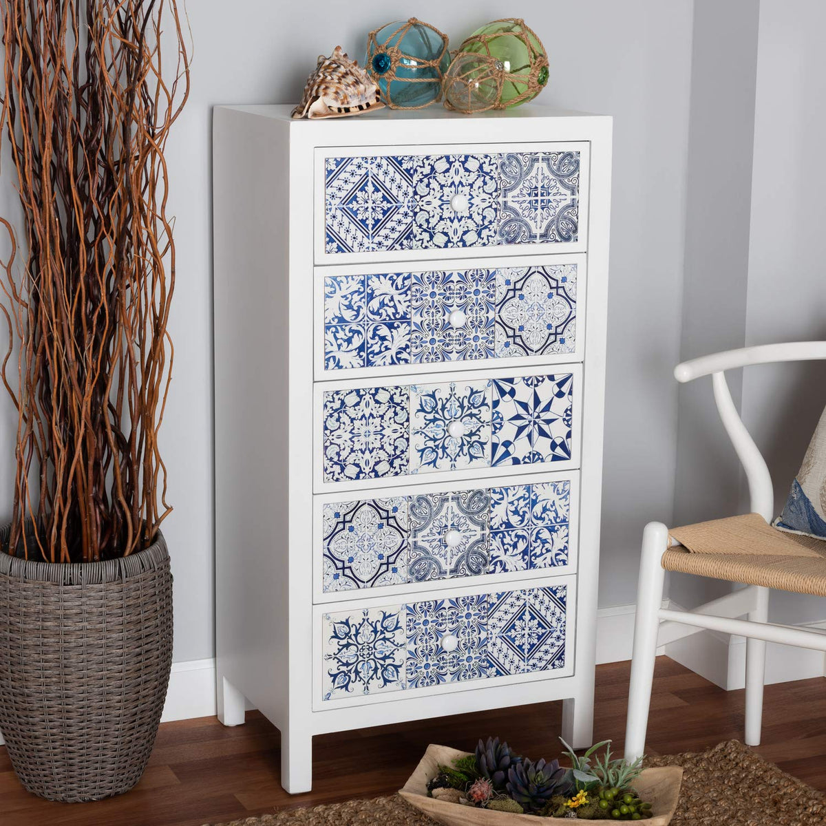 Baxton Studio Alma Wood Floral Tile 5-Drawer Accent Chest in White and Blue