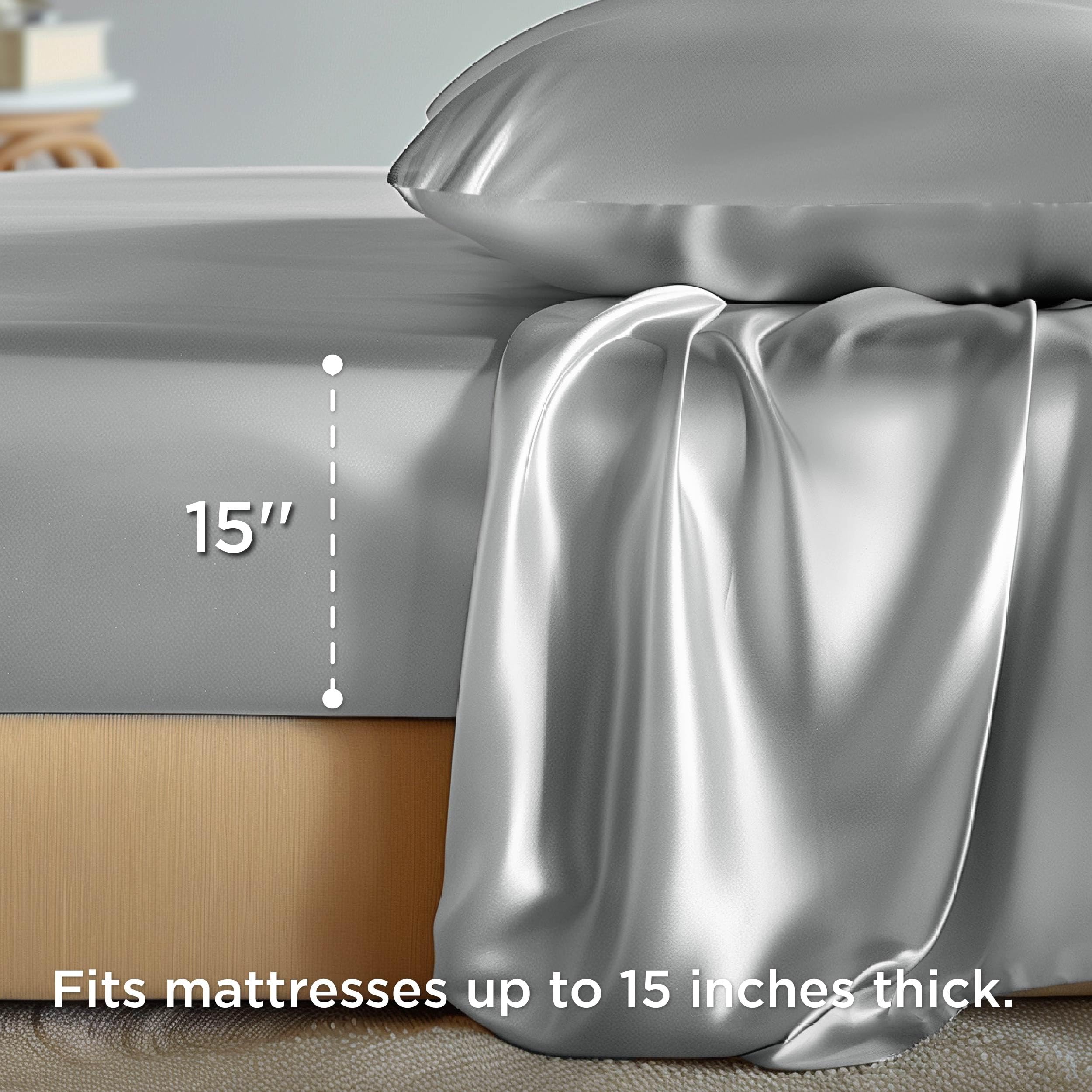 Bedsure Satin Sheets Queen Size - Similar To Silk Sheets, Silky Bedsheet, Luxury & Ultra Soft, Non-Fading & Wrinkle Free, Good For Hair & Skin, Gifts For Women, 4 Pieces, Silver Grey