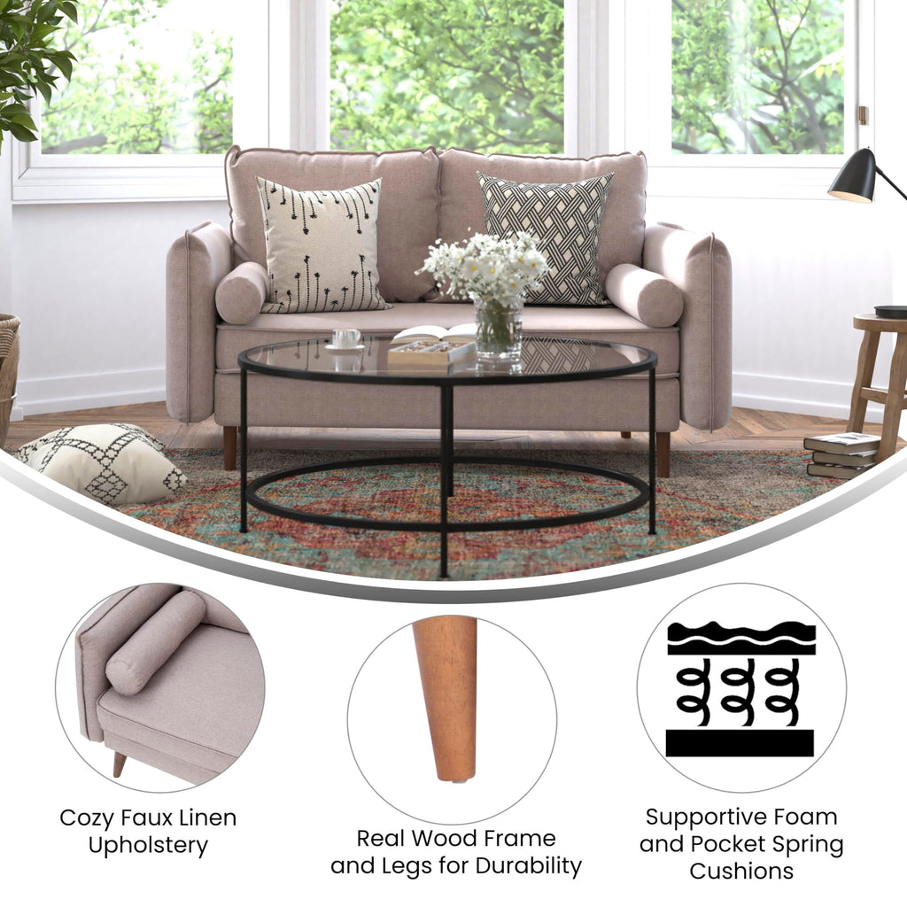 Flash Furniture Evie Mid-Century Modern Loveseat - Taupe Faux Linen Fabric Upholstery - Real Wood Frame and Legs