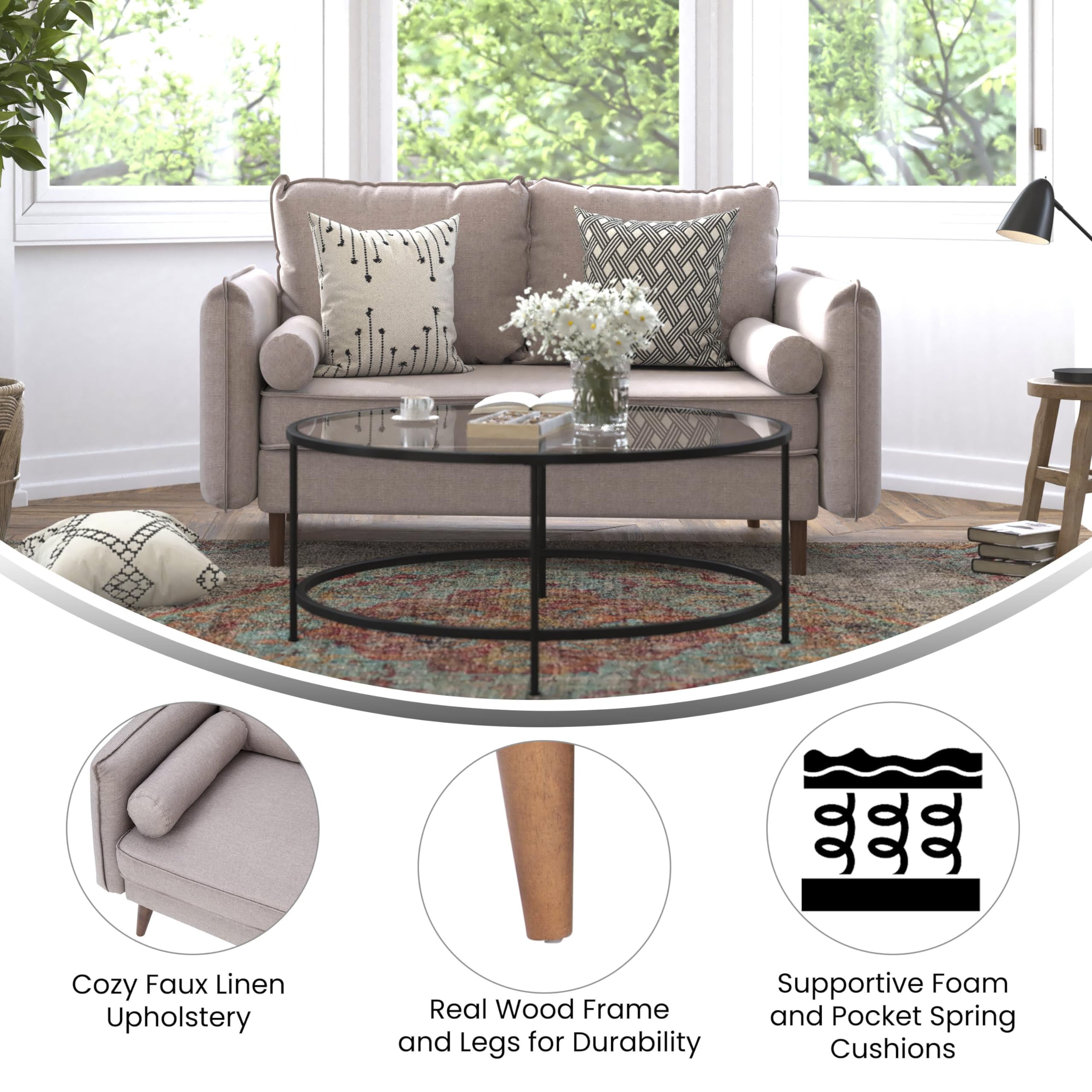 Flash Furniture Evie Mid-Century Modern Loveseat - Taupe Faux Linen Fabric Upholstery - Real Wood Frame and Legs