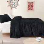 Chixpace Fluffy Twin Comforter Set - Furry Black Leaves Pattern Faux Fur Bed Set, Winter Ultra Soft Fuzzy Comfort Set, Velvet Be