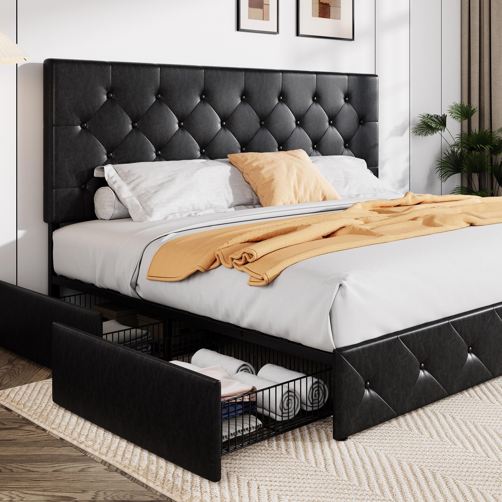 Allewie King Size Black Metal Faux Leather Platform Bed Frame With 4 Drawers