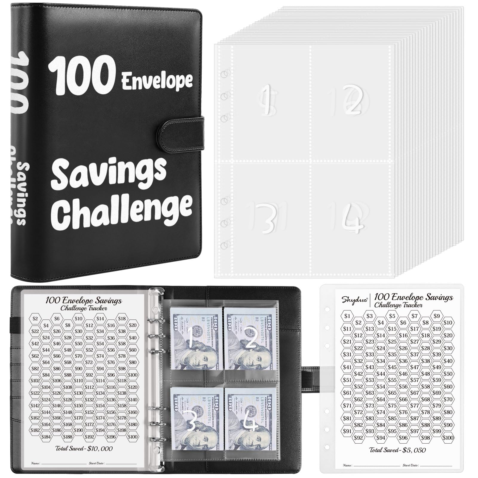 Skydue 100 Envelopes Money Saving Challenge Binder, Savings Challenges Book With Cash Envelopes, Budget Binder With Double Side