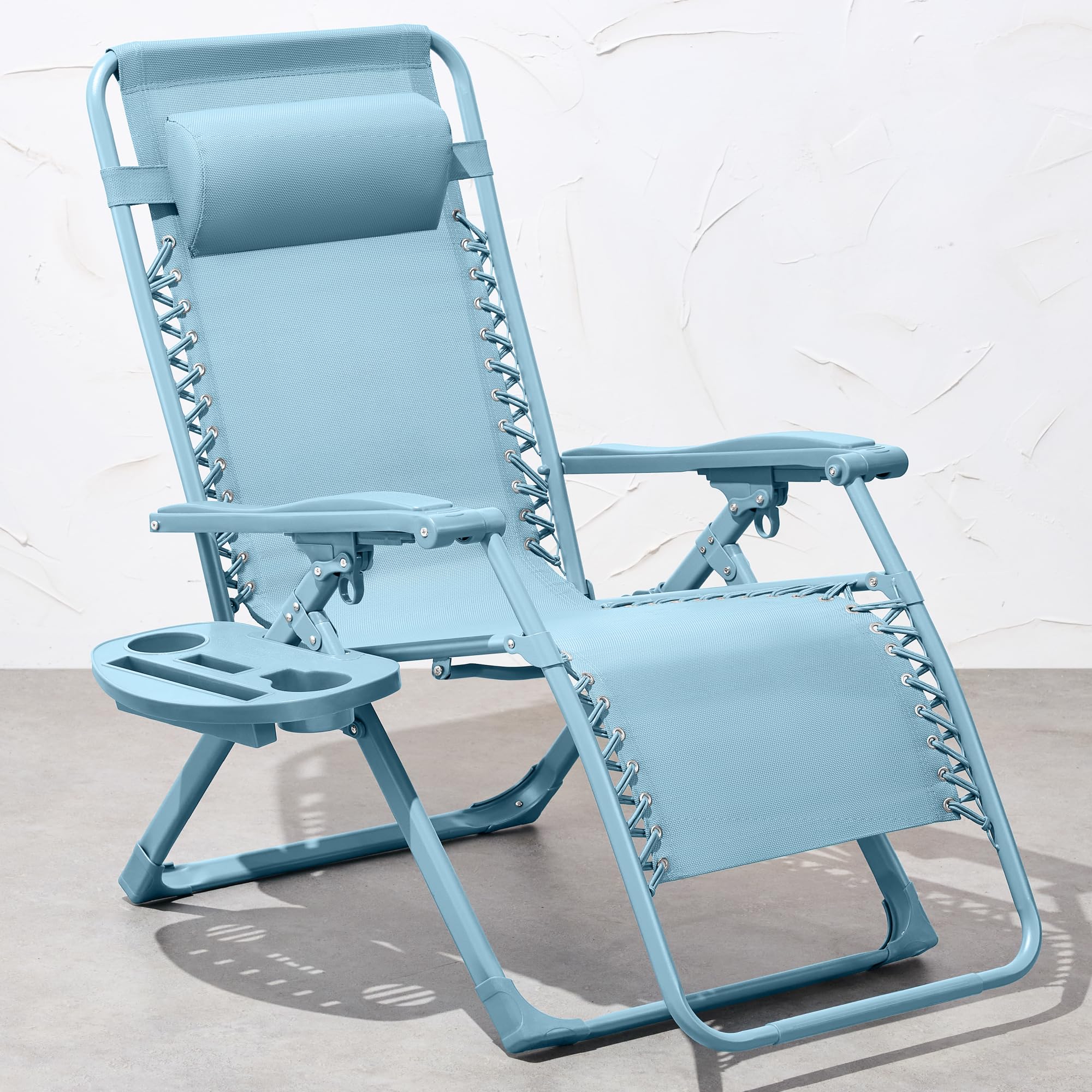 Best Choice Products Adjustable Zero Gravity Chair, Monochromatic Color Folding Patio Recliner W/Side Tray, Headrest - Sky