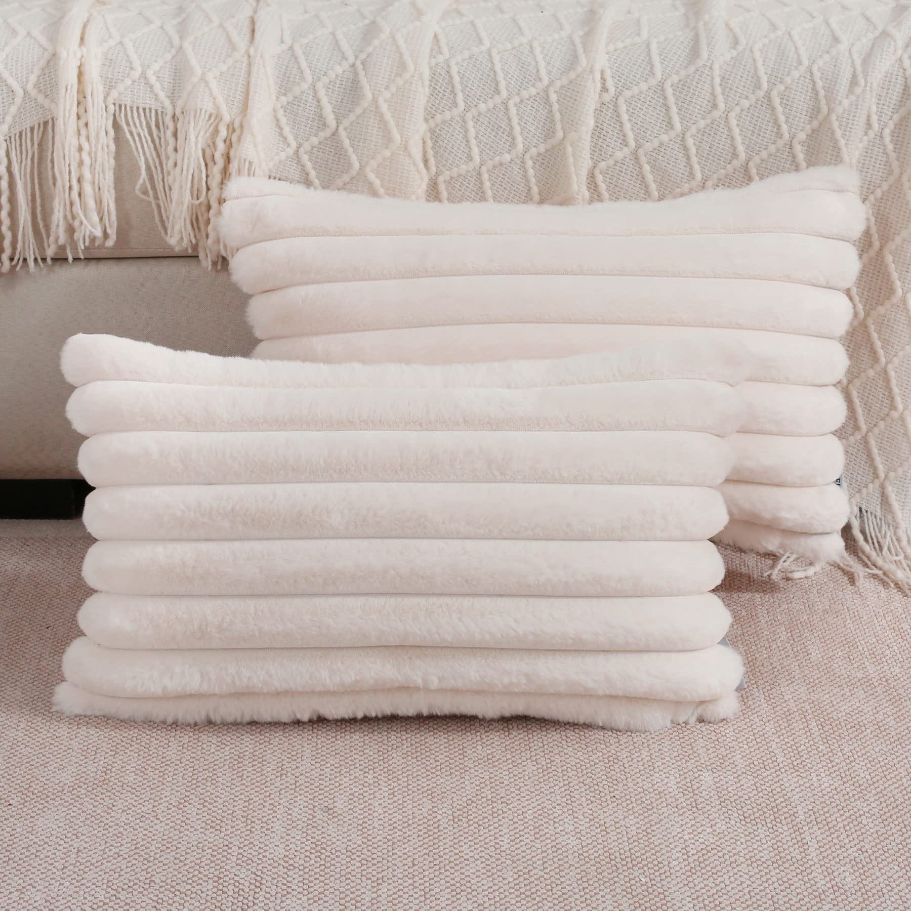 Futei Cream White Striped Decorative Throw Pillow Covers 12X20 Inch Set Of 2,Rectangle Spring Decorations Couch Lumbar Pillowcas