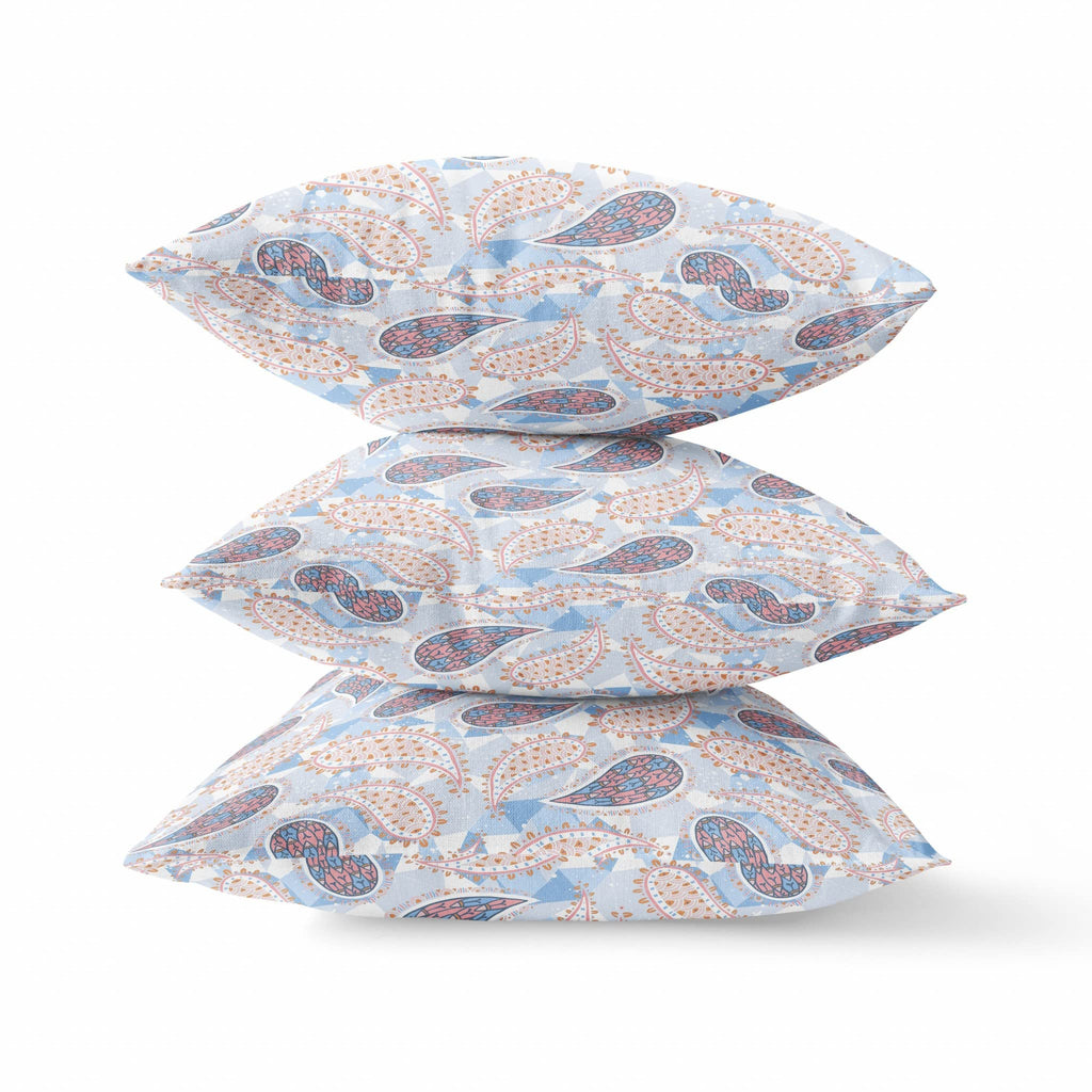 HomeRoots Blue White Pink Broadcloth 20â€ Blue Pink Boho Paisley Indoor Outdoor Throw Pillow