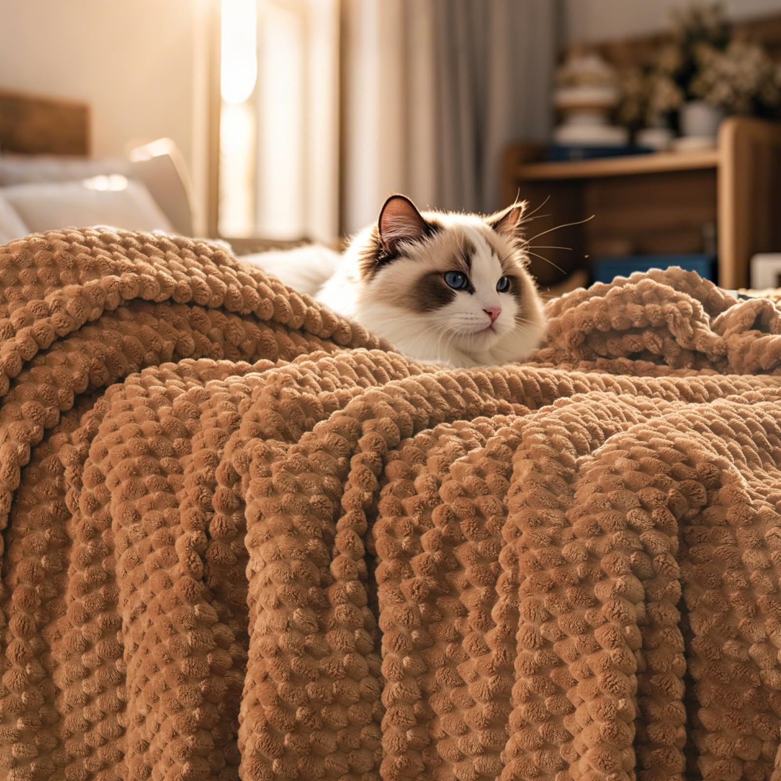 Phf Ultra Soft Flannel Fleece Blanket Queen Size, Lightweight 3D Jacquard Fleece Blanket, No Shedding, No Pilling, Luxury 340Gsm Aesthetic Fluffy Cozy Blanket For Bed Room Decor, 90'X90', Terracotta
