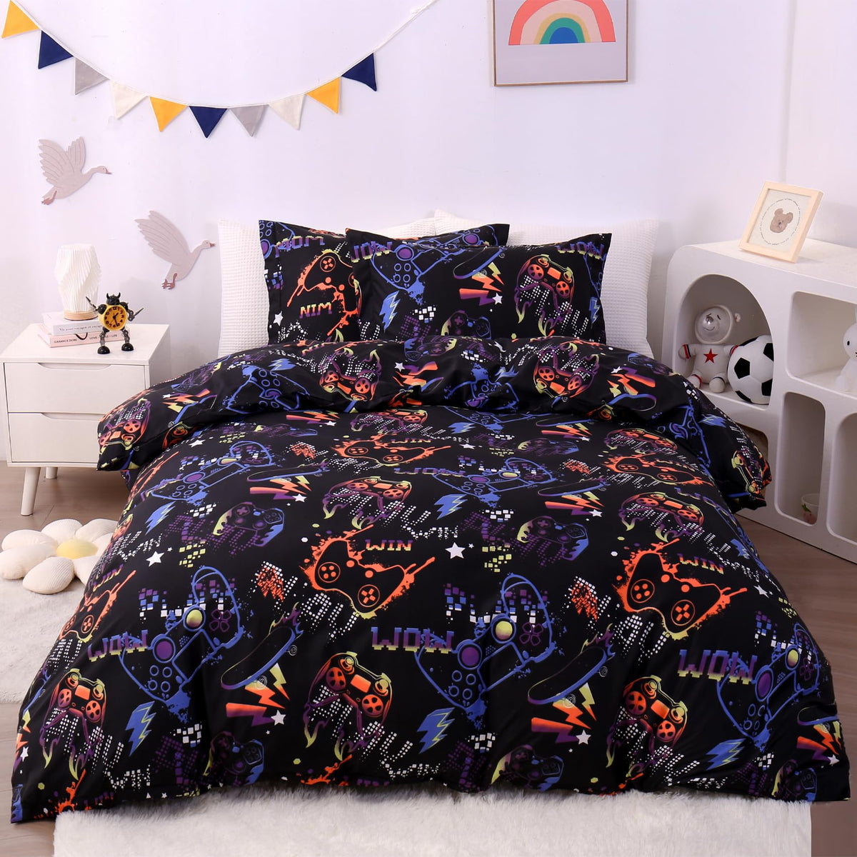 Jsd Black Gamer Kids Duvet Cover Set Twin Size, 2 Piece Soft Printed Microfiber Comforter Cover With Pillow Sham Zipper Closure,
