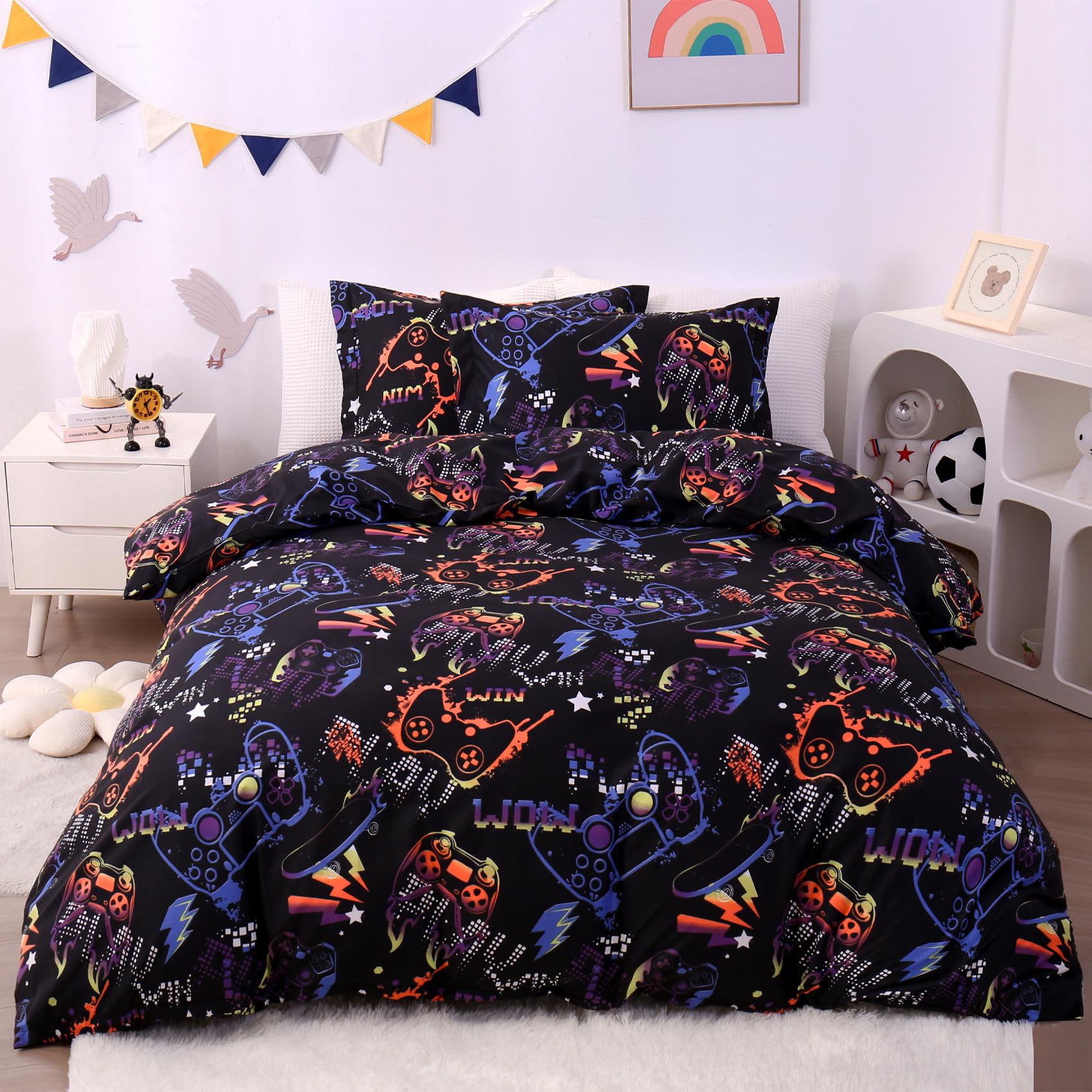 Jsd Black Gamer Kids Duvet Cover Set Twin Size, 2 Piece Soft Printed Microfiber Comforter Cover With Pillow Sham Zipper Closure,
