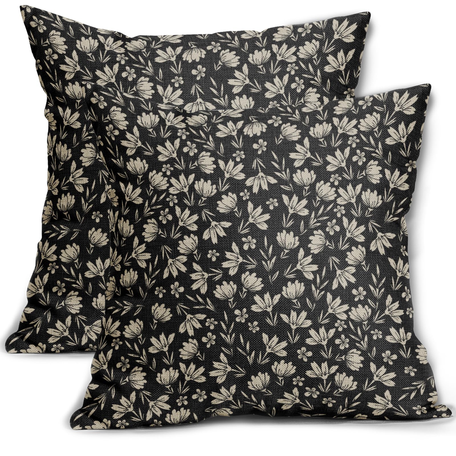 Vintage Flower Pillow Covers 18X18 Set Of 2 Rustic Cute Small Floral Black Brown Old Style Decorative Throw Pillows Outdoor Pill