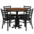 Flash Furniture Carlton 36'' Round Walnut Laminate Table Set with X-Base and 4 Ladder Back Metal Chairs - Black Vinyl Seat