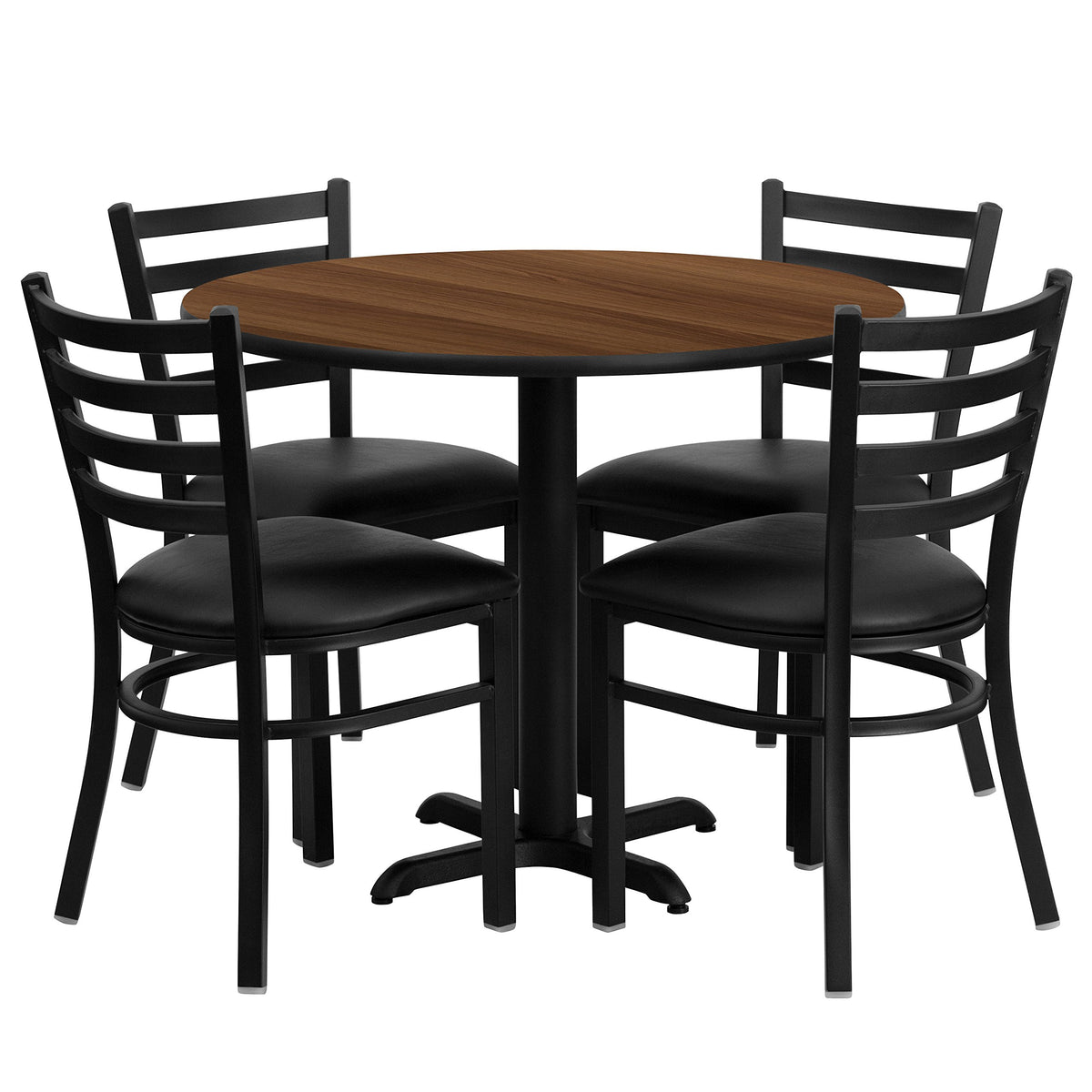 Flash Furniture Carlton 36'' Round Walnut Laminate Table Set with X-Base and 4 Ladder Back Metal Chairs - Black Vinyl Seat