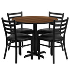 Flash Furniture Carlton 36'' Round Walnut Laminate Table Set with X-Base and 4 Ladder Back Metal Chairs - Black Vinyl Seat