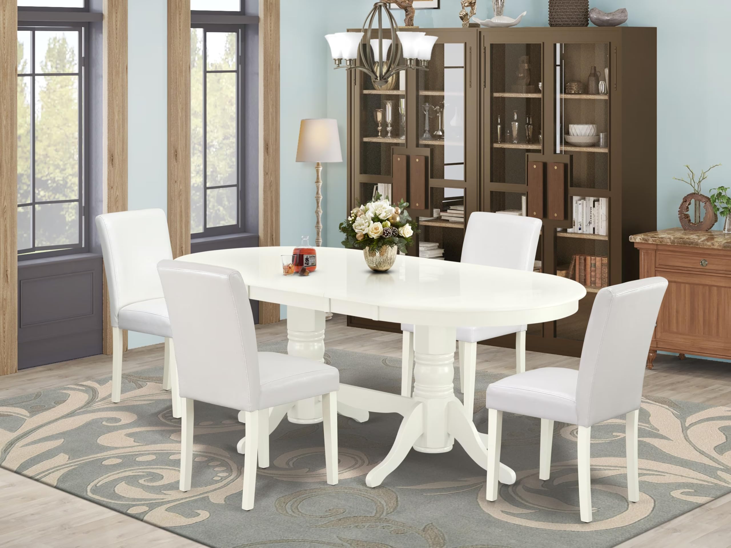 East West Furniture Vaab5-Lwh-64 5 Piece Dining Set Includes An Oval Dining Room Table With Butterfly Leaf And 4 White Faux Leather Upholstered Parson Chairs, 40X76 Inch, Linen White