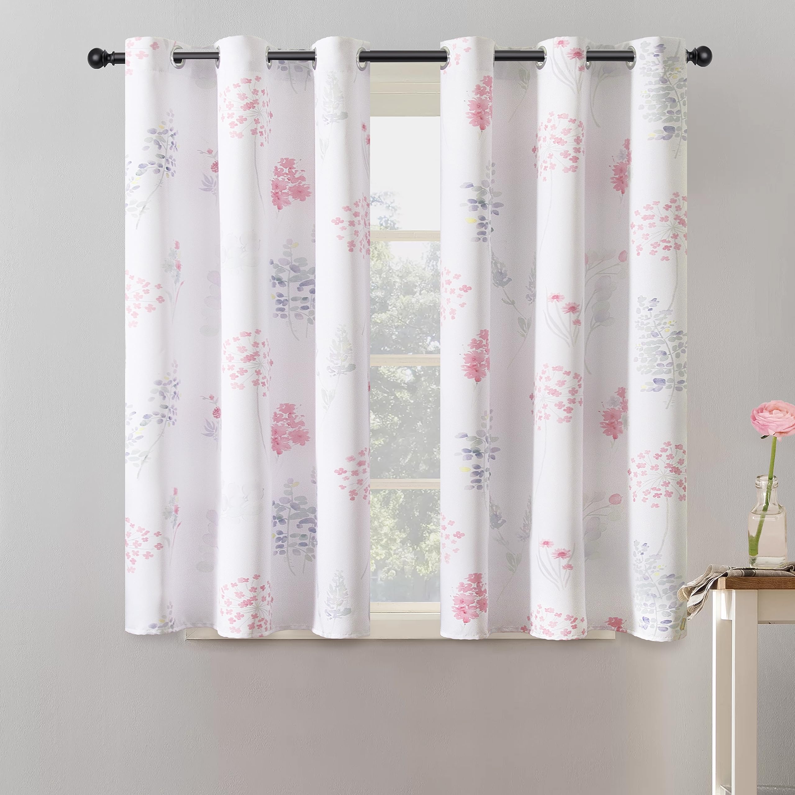 Xtmyi Pink Curtains For Girls Bedroom Kids Room,Floral Boho 80% Blackout Short Curtains For Kitchen Window Bathroom Bunk Bed Dor