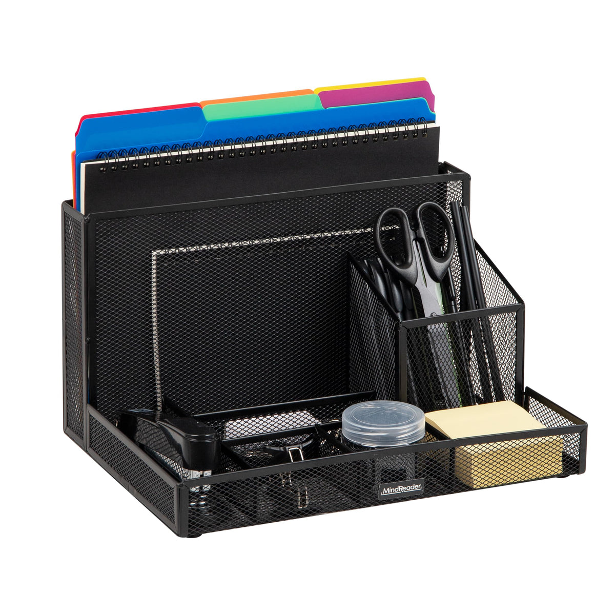 Mind Reader Desktop Organizer with Office Supplies Included, Vertical File, Storage, Metal, 12.5L x 9W x 7.25H, Black