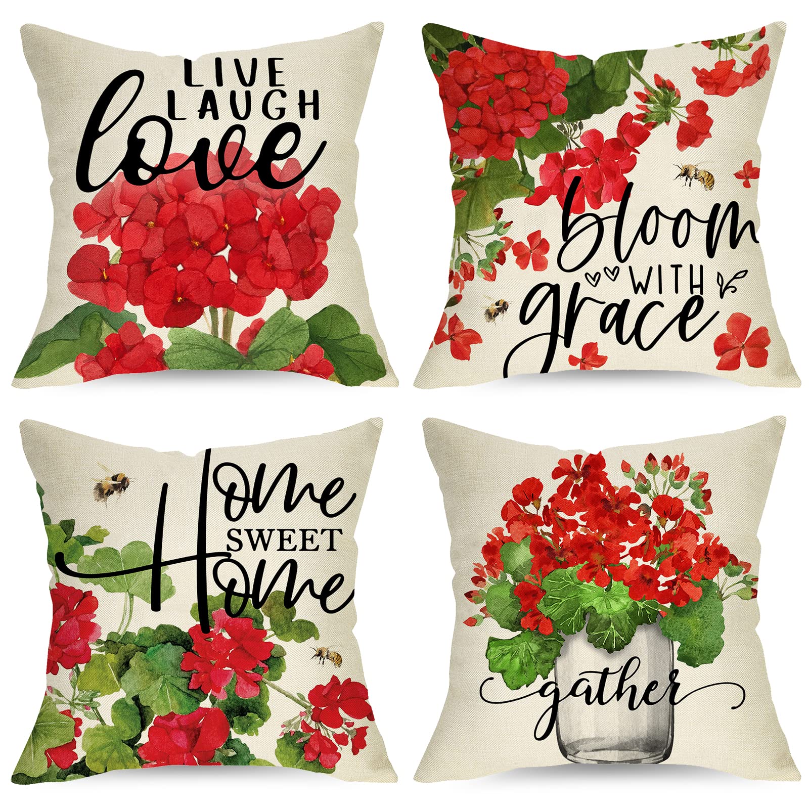 Ussap Red Geranium Flower Decorative Throw Pillow Covers 18 X 18 Set Of 4, Sweet Home Floral Bloom Spring Summer Cushion Case De