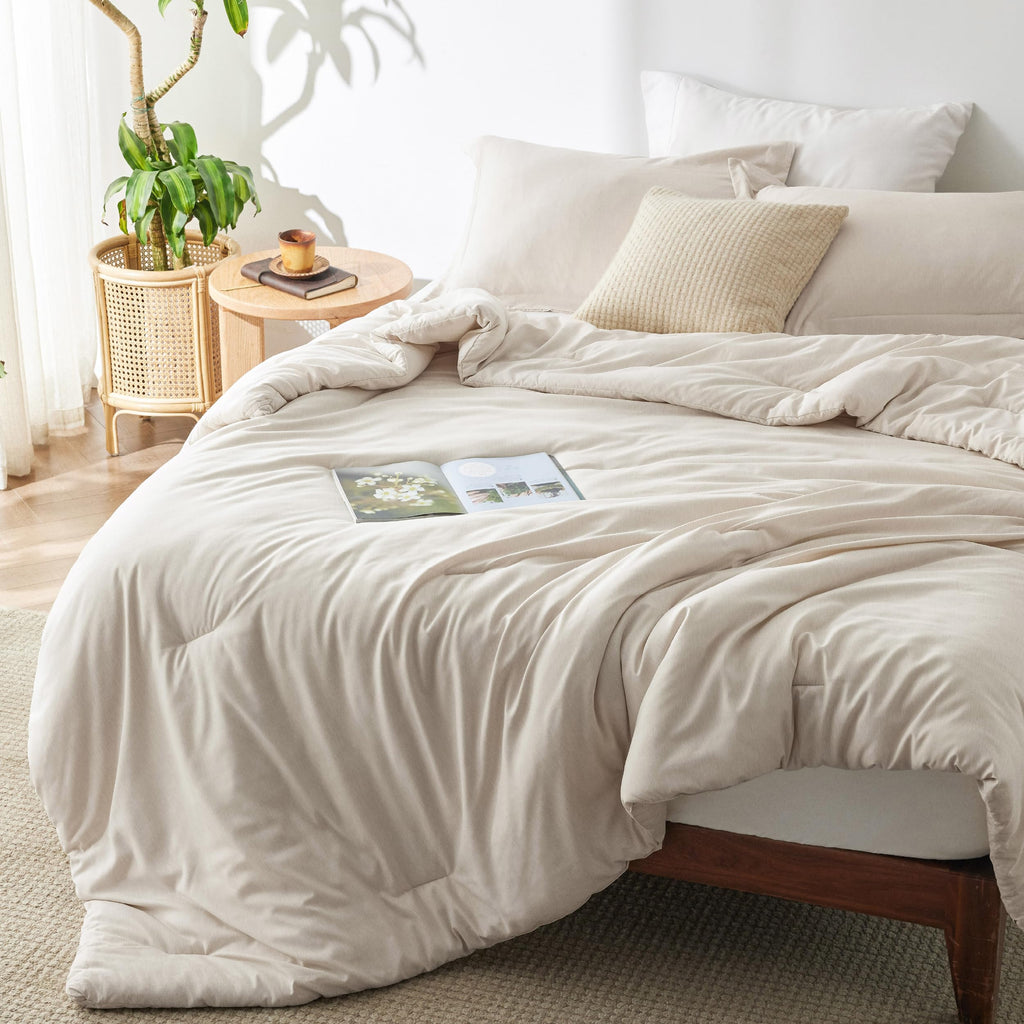 Bedsure Queen Comforter Set - Beige Comforter Queen Size, Soft Bedding For All Seasons, Cationic Dyed Bedding Set, 3 Pieces, 1 C