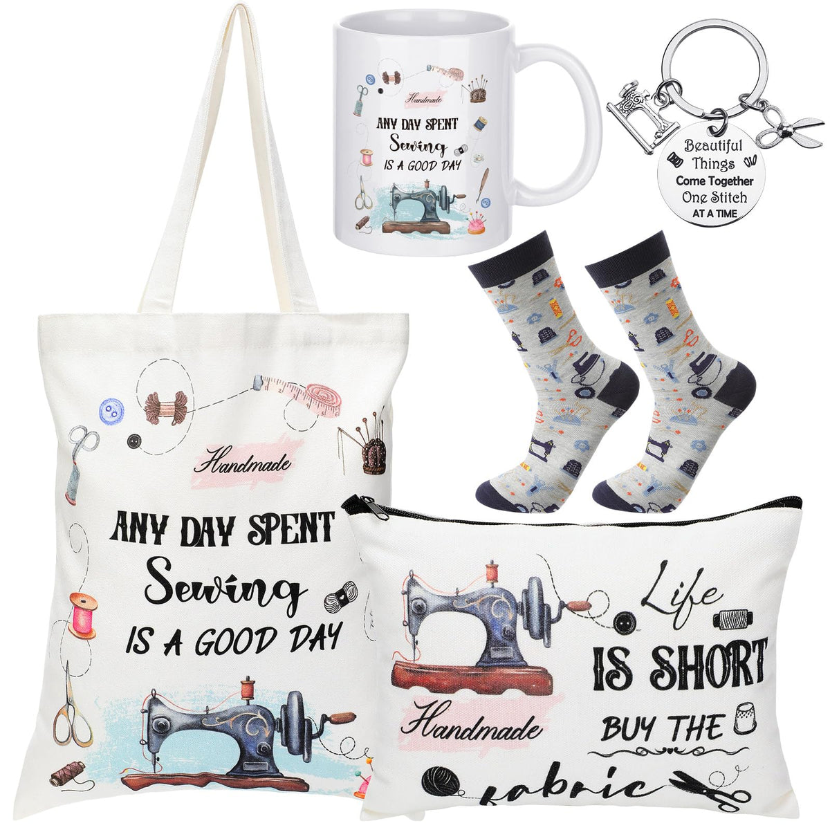 Abbylike 5 Pcs Sewing Gifts For Seamstress Women Mother'S Day Gifts Canvas Bag Cosmetic Bag Quilting Coffee Mug Socks 11 Oz Quil