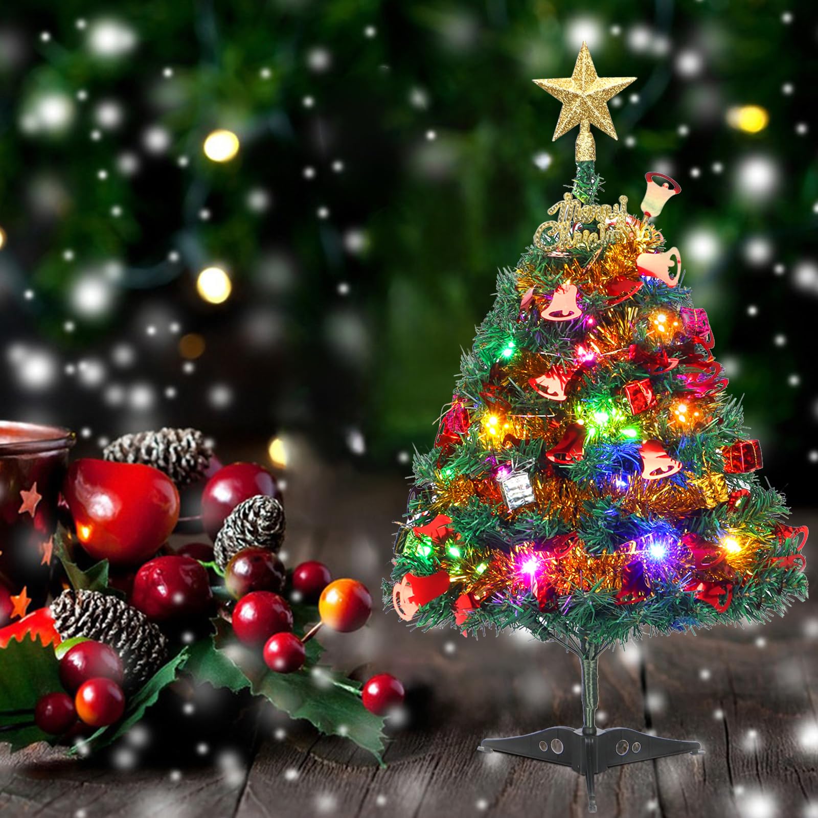 Mini Xmas Tree, 24''/60Cm Artificial Small Tabletop Christmas Pine Tree With Ornaments For Holiday Home Office Decoration