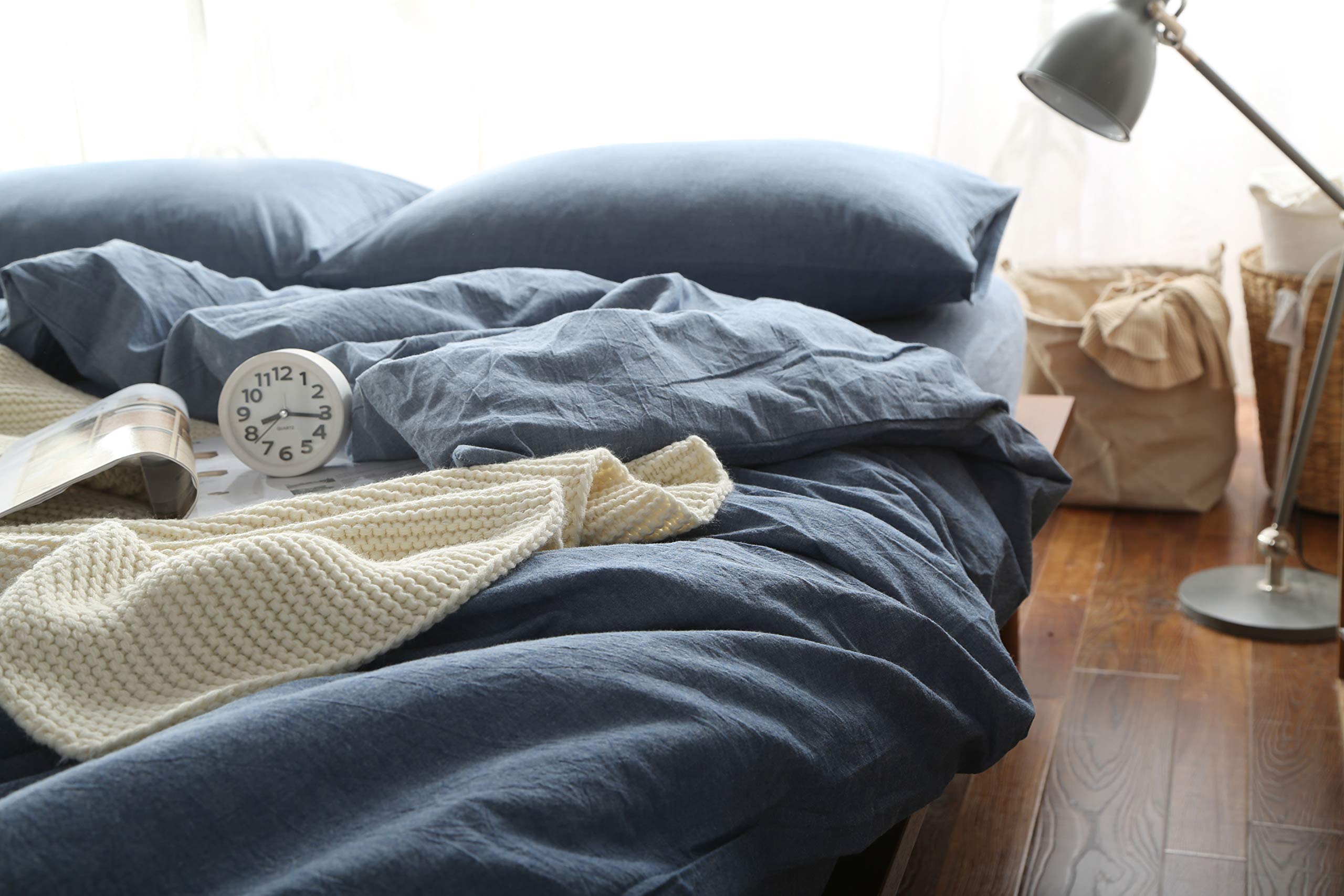 F.Y.Dreams 100% Washed Cotton Duvet Cover For Weighted Blanket 60X80 Inches With 8 Ties,Zipper On Long Side/Demin Blue/Just Duve