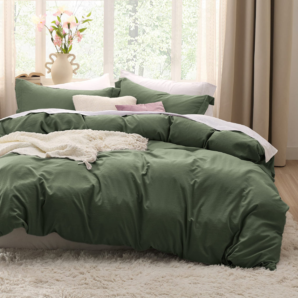 Bedsure Olive Green Duvet Cover Queen Size - Soft Prewashed Queen Duvet Cover Set, 3 Pieces, 1 Duvet Cover 90X90 Inches With Zip