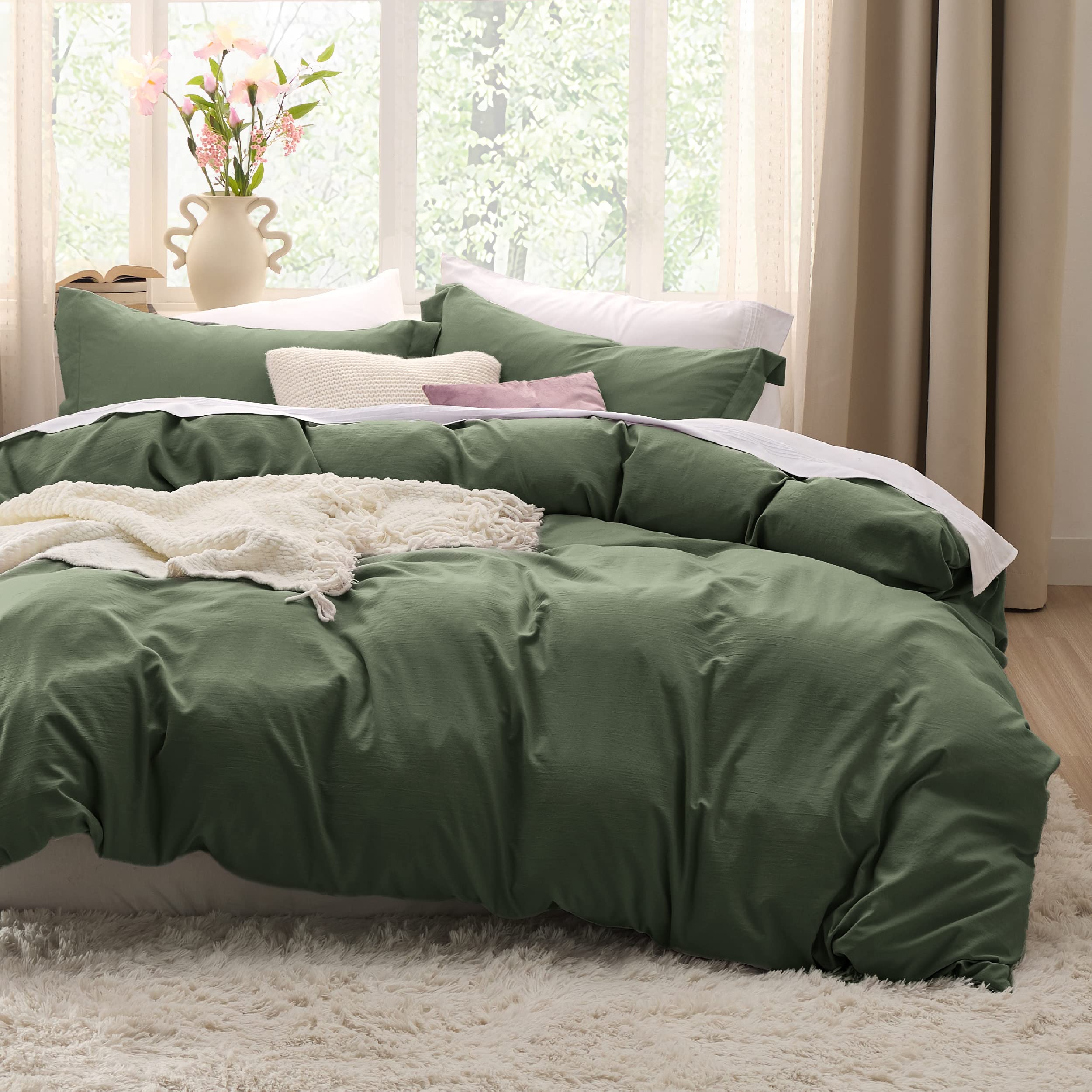 Bedsure Olive Green Duvet Cover King Size - Soft Prewashed Set, 3 Pieces, 1 Duvet Cover 104X90 Inches With Zipper Closure And 2