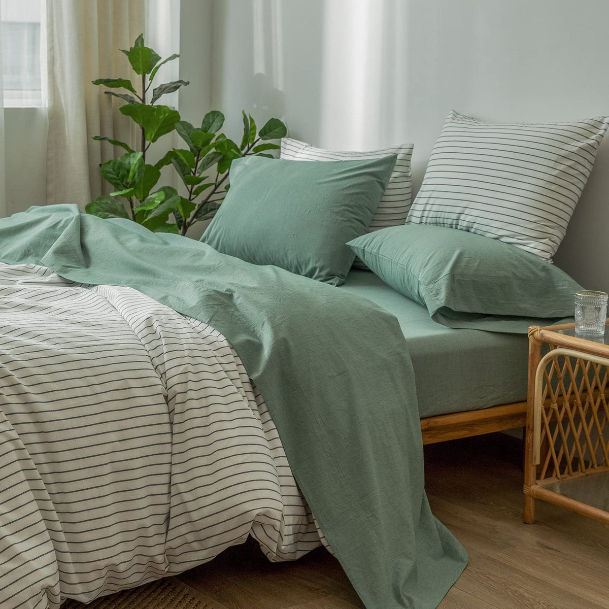 Moomee Bedding Sheet Set 100% Washed Cotton Linen Like Textured Breathable Durable Soft Comfy (Green, California King)