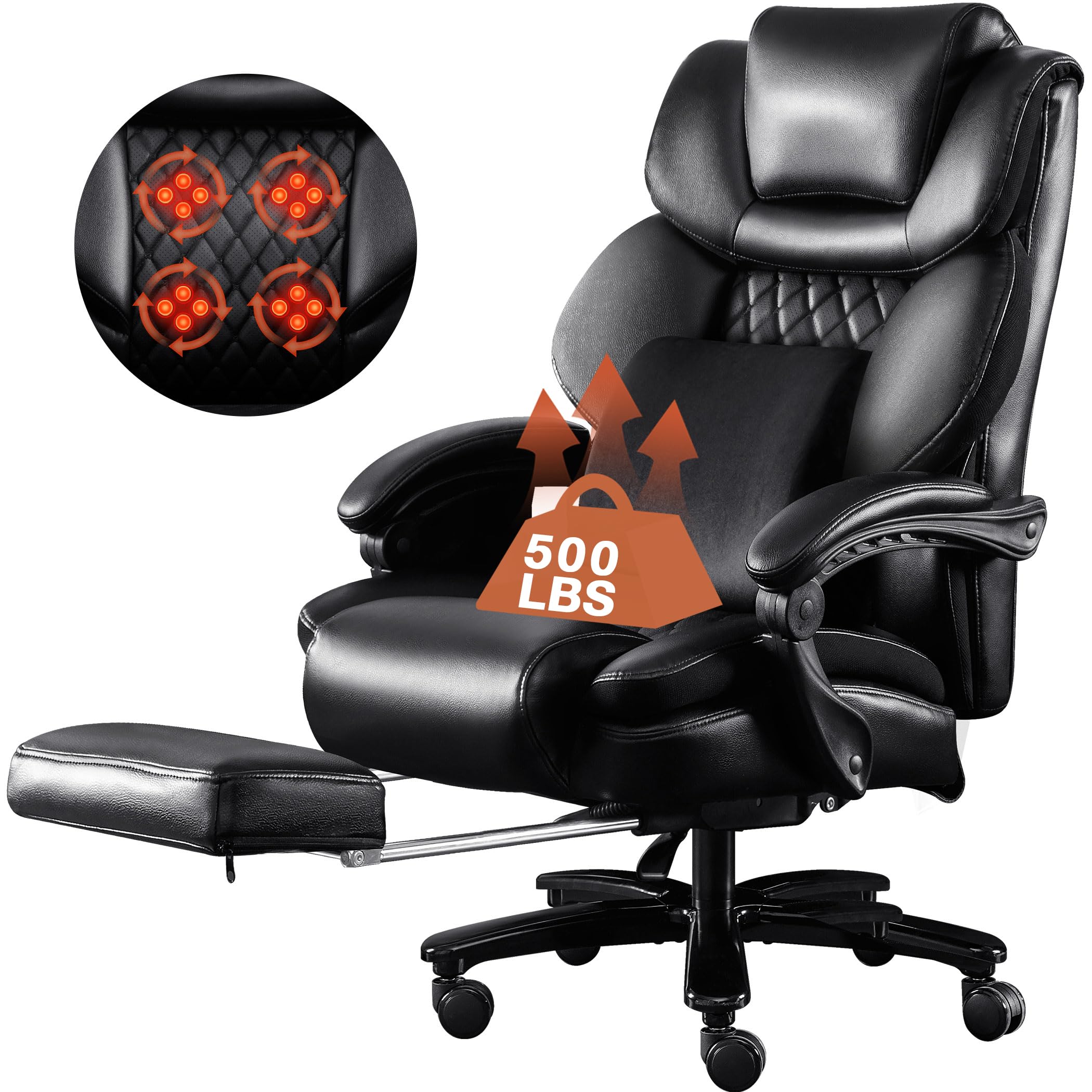 Big And Tall Chair 500Lbs With 3D Rolling Massage Lumbar Cushion Executive Chairs High Back Reclining Chair With Footrest Wide S