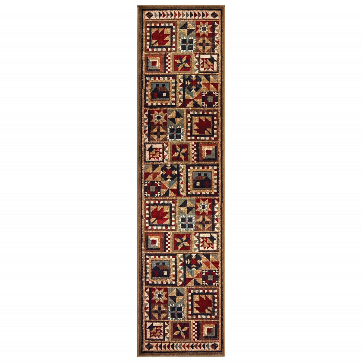 HomeRoots Polypropylene 2’x8’ Brown and Red Ikat Patchwork Runner Rug