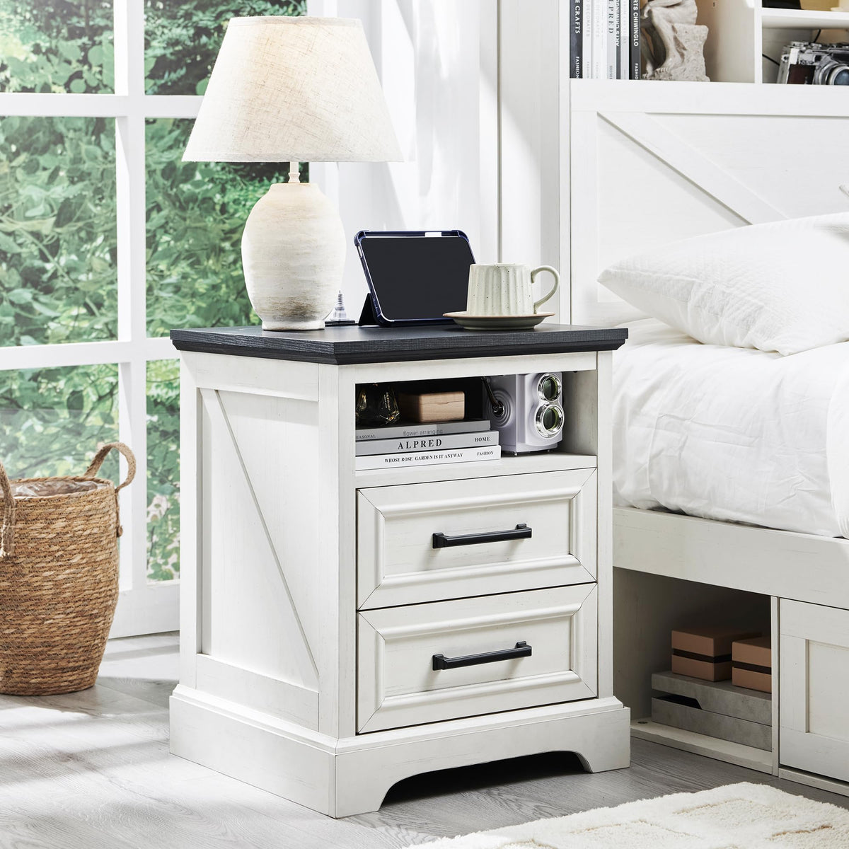 ACCOHOHO 18'' Farmhouse Nightstand with Charging Station,End Table with 2 Drawers Storage,Side Table,Bedside Cabinet for Bedroom
