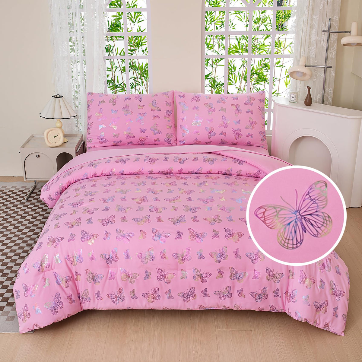 Yadangxiawa 5 Pieces Butterfly Comforter Set Queen,Pink Bedding Queen,Pink Comforter Set Queen,Girls Queen Bedroom Comforter Set