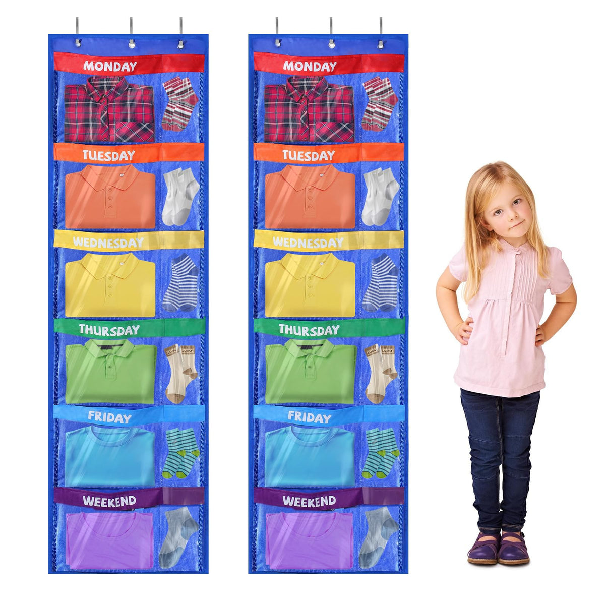 2 Pcs 59 x 17.7 Weekly Clothes Organizer for Kids with 12 Pockets, Blue