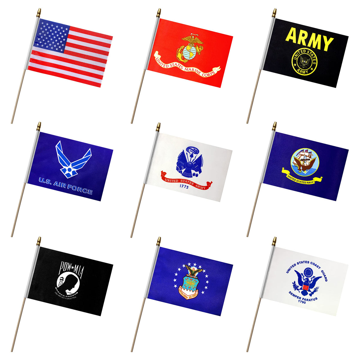 Lovevc Military Flag Set Small Mini Army Armed Forces Hand Held Flags On Wooden Stick For Memorial Day,Veterans Day,5X8 Inch,20