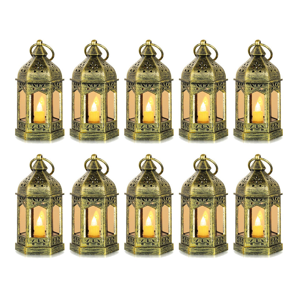Mini Lanterns Decorative for Centerpiece - Romadedi 10pcs Hanging Small Gold Lantern Bulk with Flickering LED Candles for Weddin