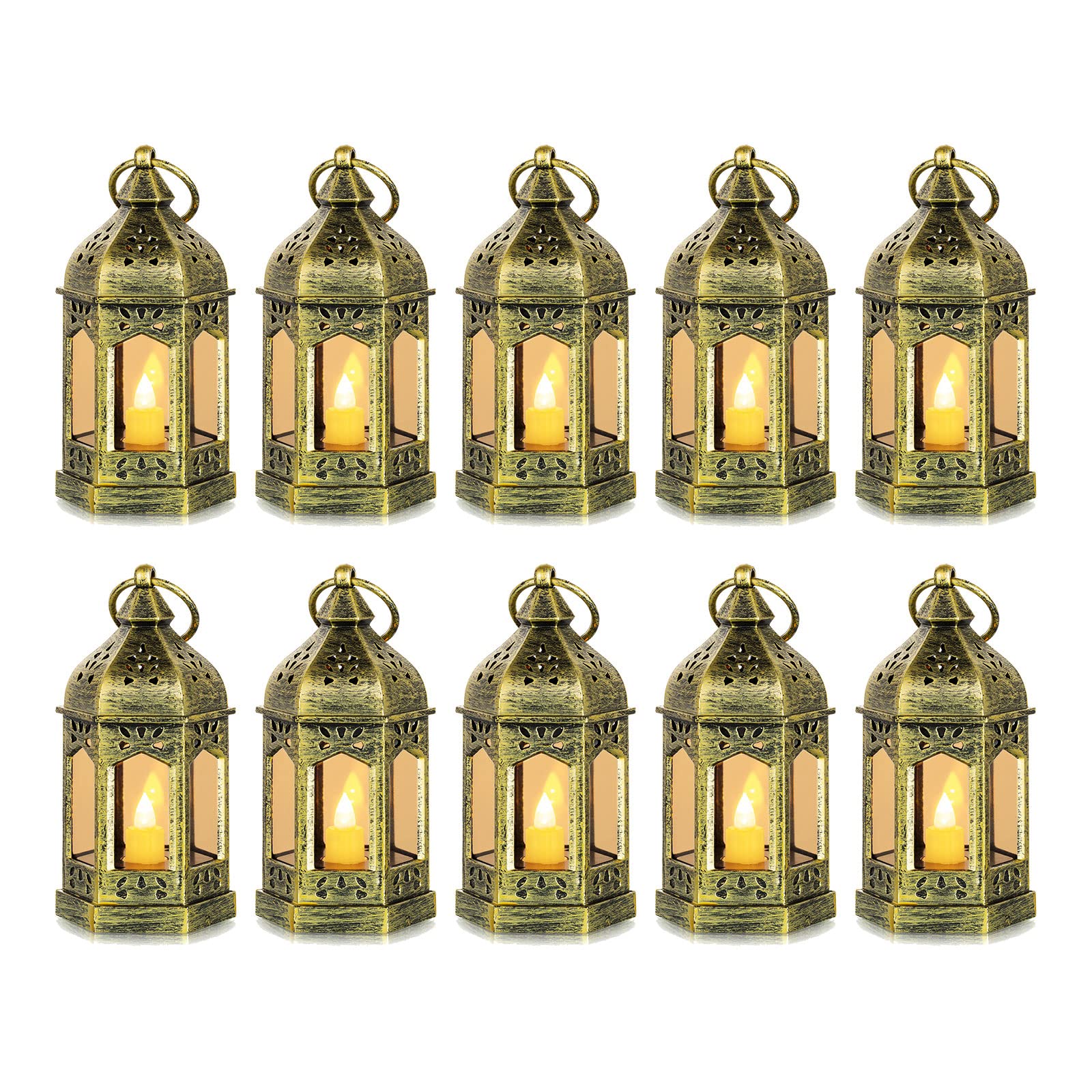 Mini Lanterns Decorative for Centerpiece - Romadedi 10pcs Hanging Small Gold Lantern Bulk with Flickering LED Candles for Weddin