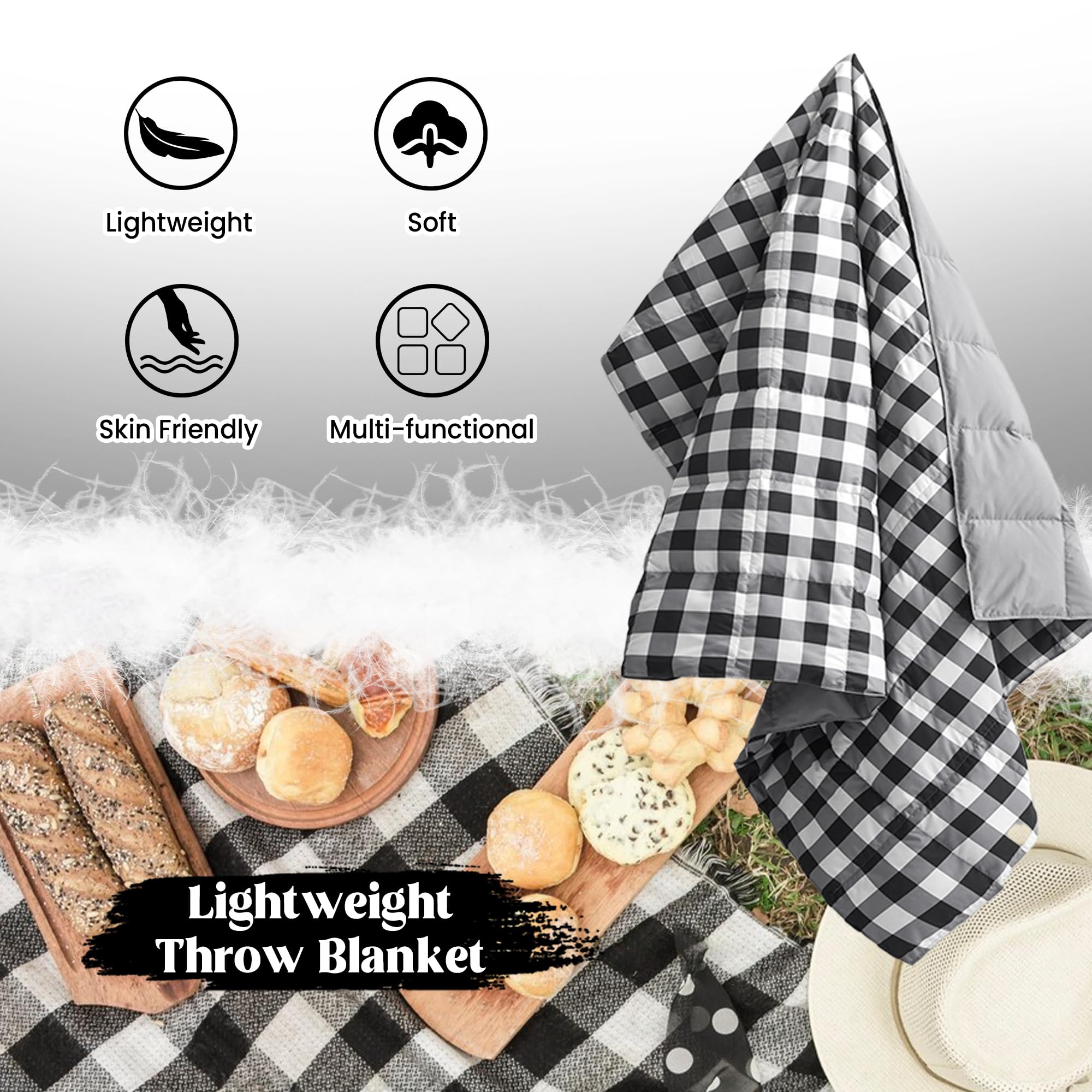 Puredown Checkered Feather Down Throw Blanket Lightweight Packable Buffalo Plaid Throw For Indoor And Outdoor Use, 50''X70'', Bl